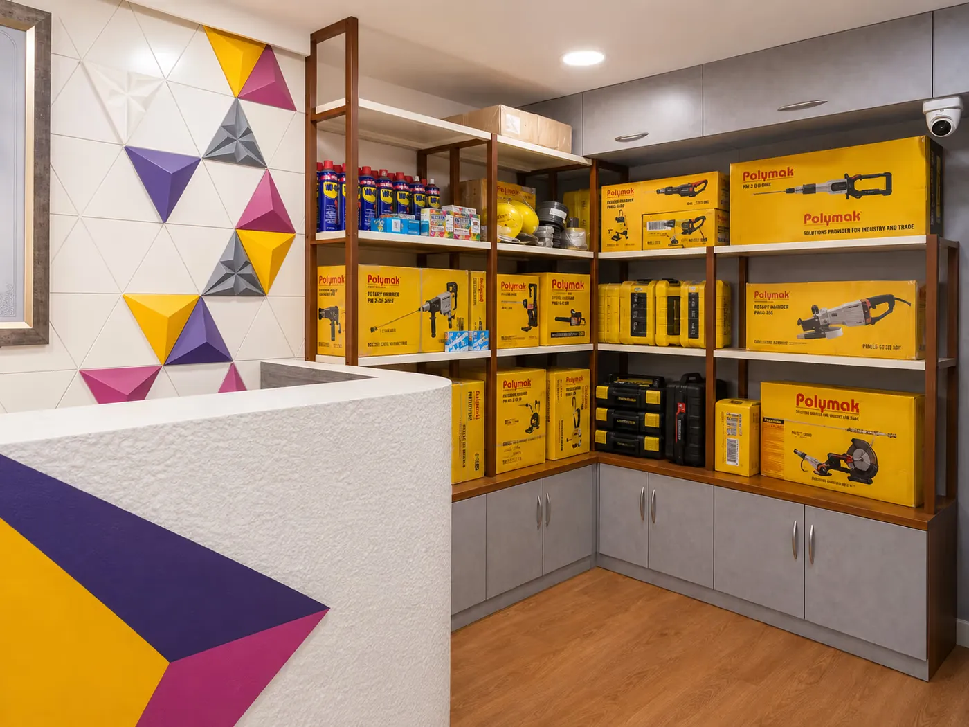 Organized power tools and industrial products on display shelves
