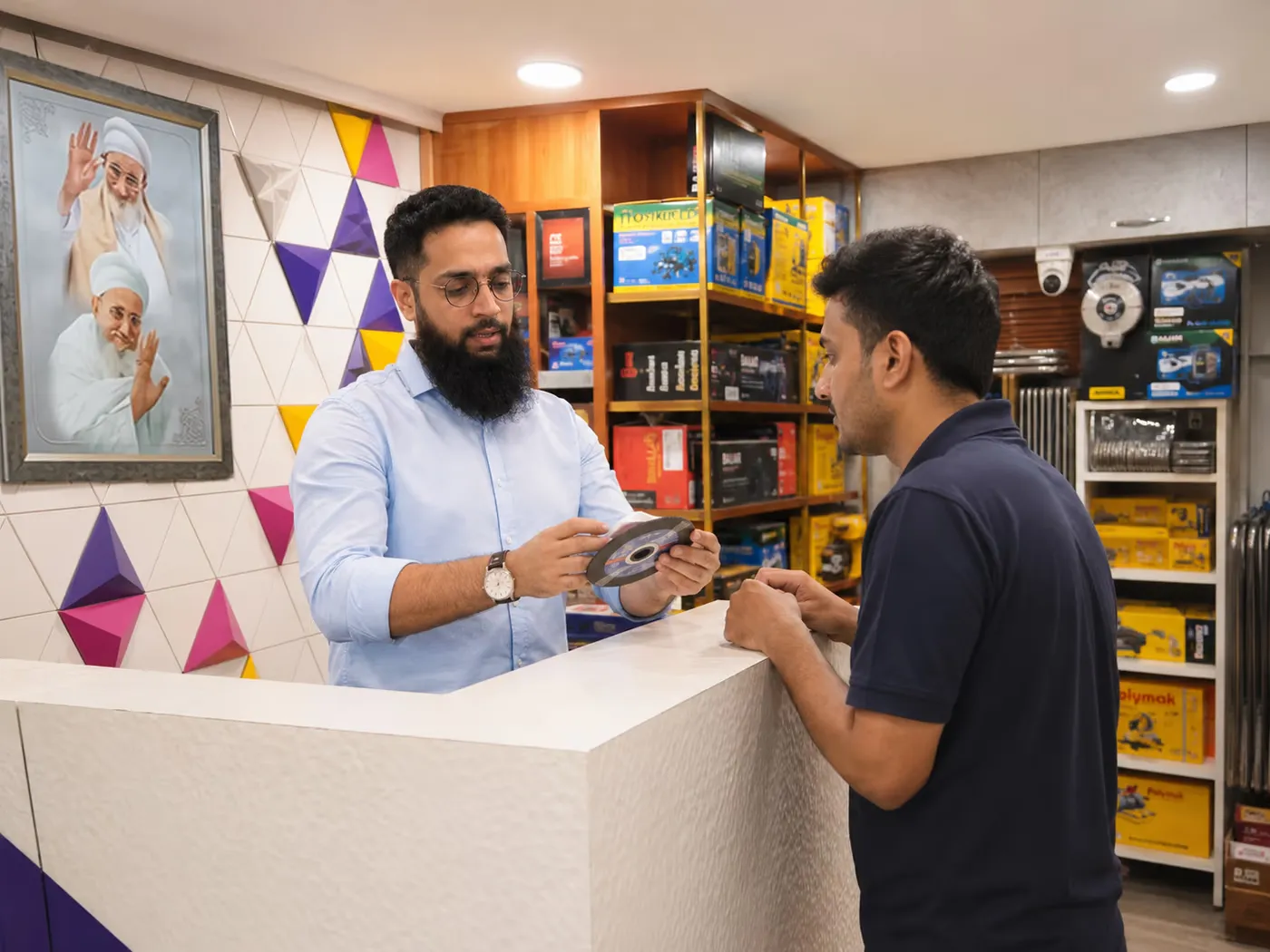 Saif Trade team helping a customer at the store counter